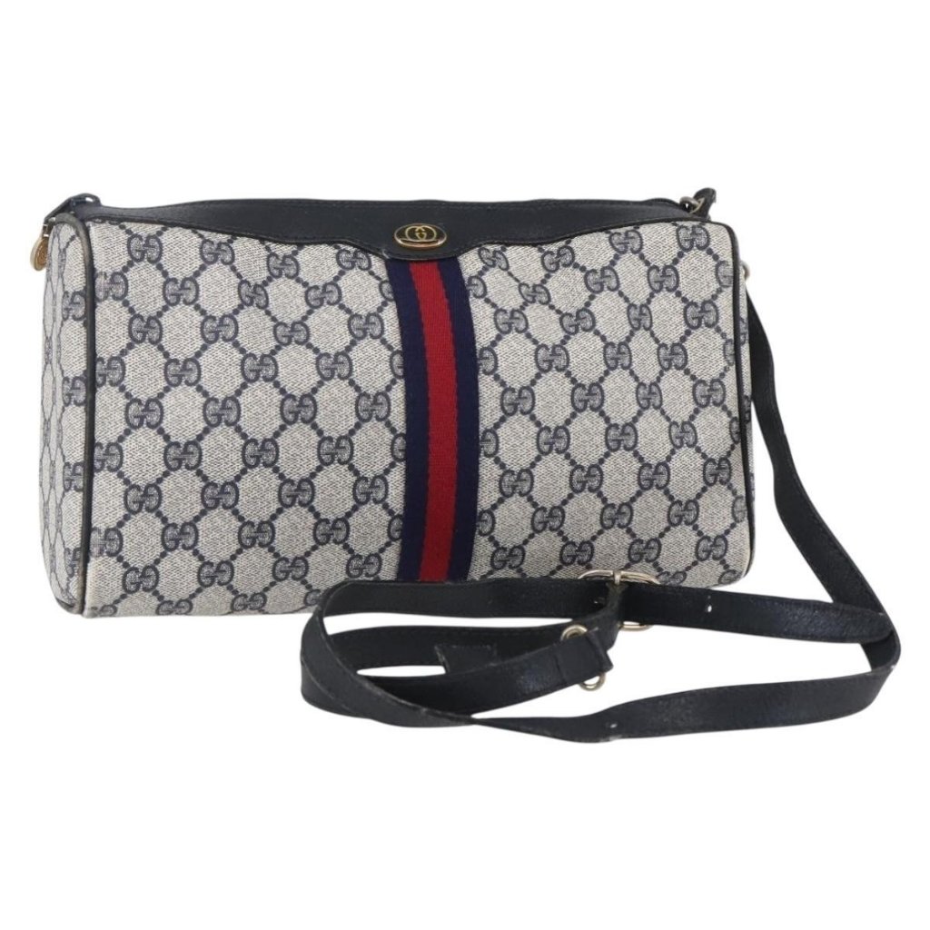 Authentic Gucci Gg Supreme Sherry Line Shoulder Bag Pvc Navy Gold 010 378